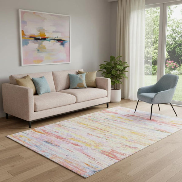 HomeRoots 8' Coral Yellow & Ivory Washable Round Rug - Modern Abstract Design with UV Protection & Easy Care 710133