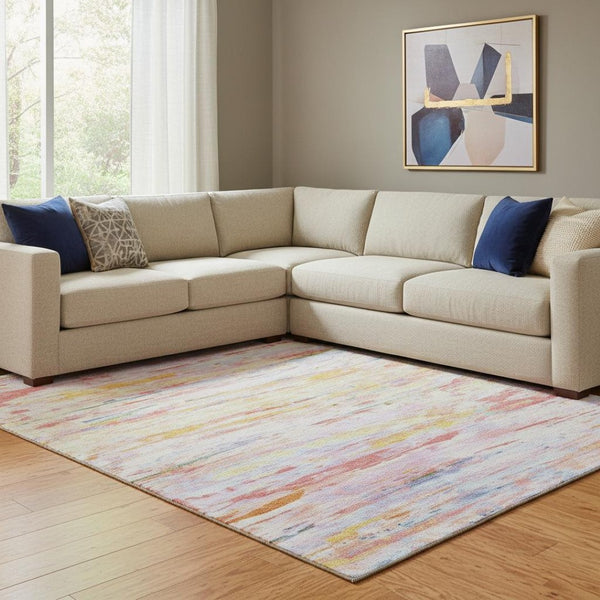 HomeRoots 9' X 12' Coral Yellow Ivory Abstract Area Rug - Durable, Washable, Stain Resistant with UV Protection 710135
