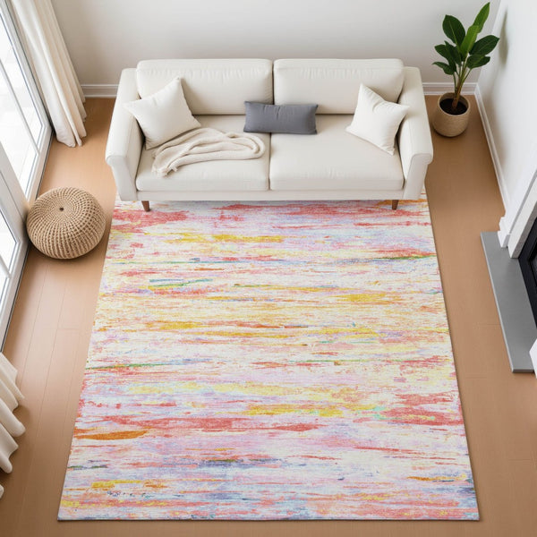 HomeRoots 9' X 12' Coral Yellow Ivory Abstract Area Rug - Durable, Washable, Stain Resistant with UV Protection 710135