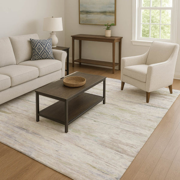 HomeRoots 8' Washable Ivory and Beige Abstract Round Rug with UV Protection for Stylish, Busy Homes 710139