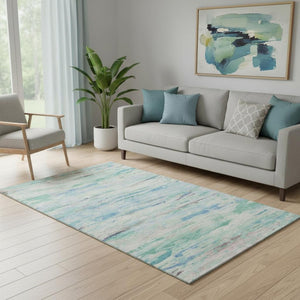 HomeRoots 8' Teal and Ivory Abstract Washable Round Rug - Durable, Stain Resistant, UV Protected for Homes 710151