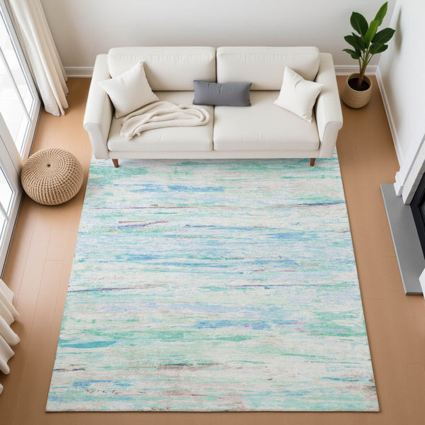 HomeRoots 9' X 12' Teal And Ivory Abstract Area Rug - Durable, Washable, UV-Protected, Ideal for Family Spaces 710153