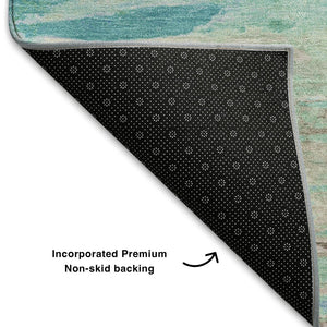 HomeRoots 9' X 12' Teal And Ivory Abstract Area Rug - Durable, Washable, UV-Protected, Ideal for Family Spaces 710153