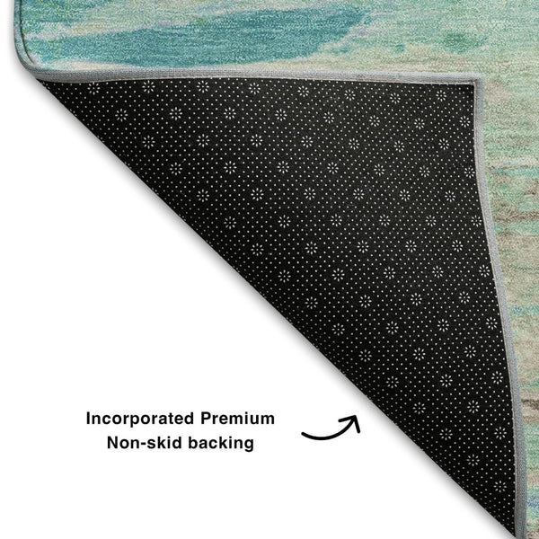 HomeRoots 9' X 12' Teal And Ivory Abstract Area Rug - Durable, Washable, UV-Protected, Ideal for Family Spaces 710153