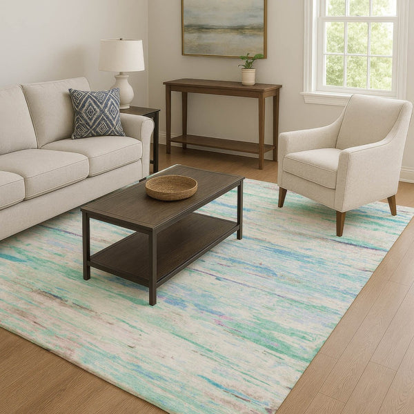 HomeRoots 9' X 12' Teal And Ivory Abstract Area Rug - Durable, Washable, UV-Protected, Ideal for Family Spaces 710153