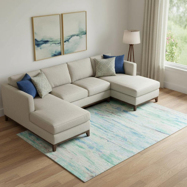 HomeRoots 10' X 14' Teal & Ivory Abstract Area Rug - Washable, UV Protected, Soft, Durable & Stylish Design! 710154