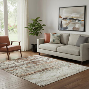 HomeRoots 8' Contemporary Terra Cotta Beige and Teal Abstract Washable Rug with UV Protection for Active Homes 710157