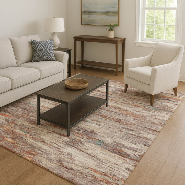 HomeRoots 8' Contemporary Terra Cotta Beige and Teal Abstract Washable Rug with UV Protection for Active Homes 710157