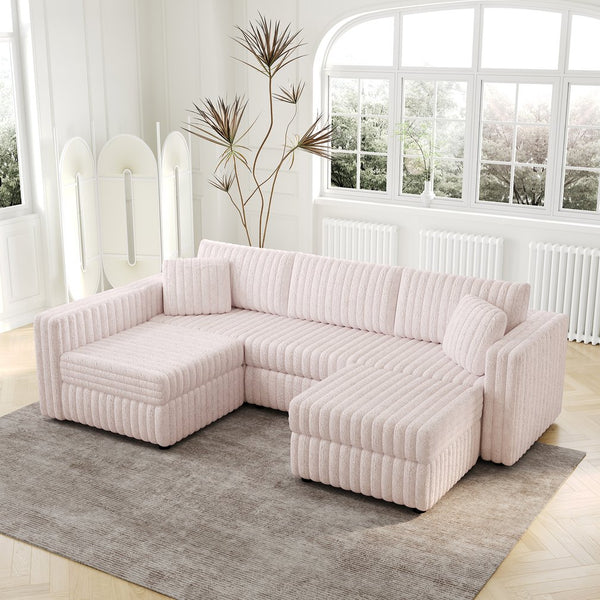 English Elm 106.3" Soft U-Shaped Sofa For 4 - Stylish Light Pink Modular Design With Hidden Storage & Washable Cushions W1767S00021