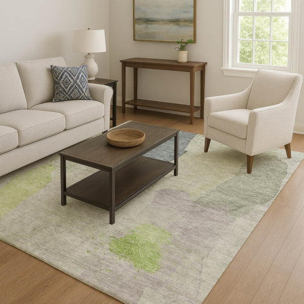 HomeRoots 5' X 8' Contemporary Artichoke Green and Lavender Abstract Washable Area Rug with UV Protection 710162