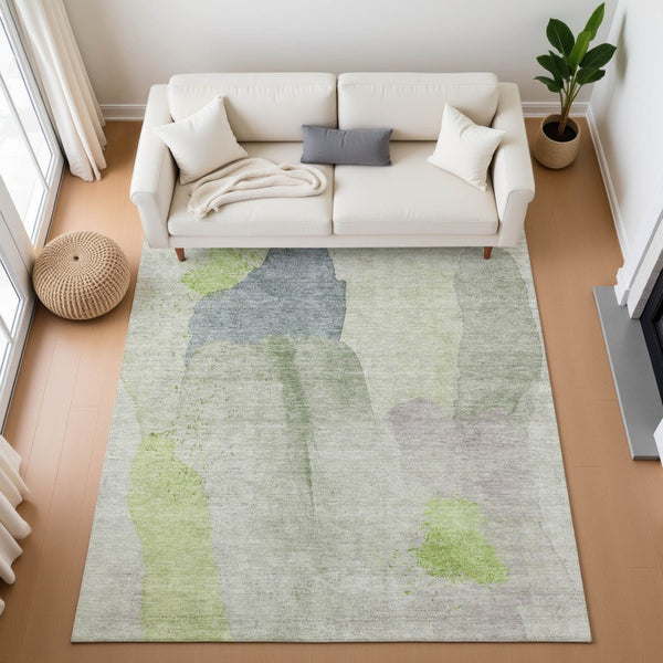 HomeRoots 9' X 12' Stylish Abstract Washable Area Rug in Artichoke Green, Lavender, and Taupe - UV & Stain Resistant! 710165