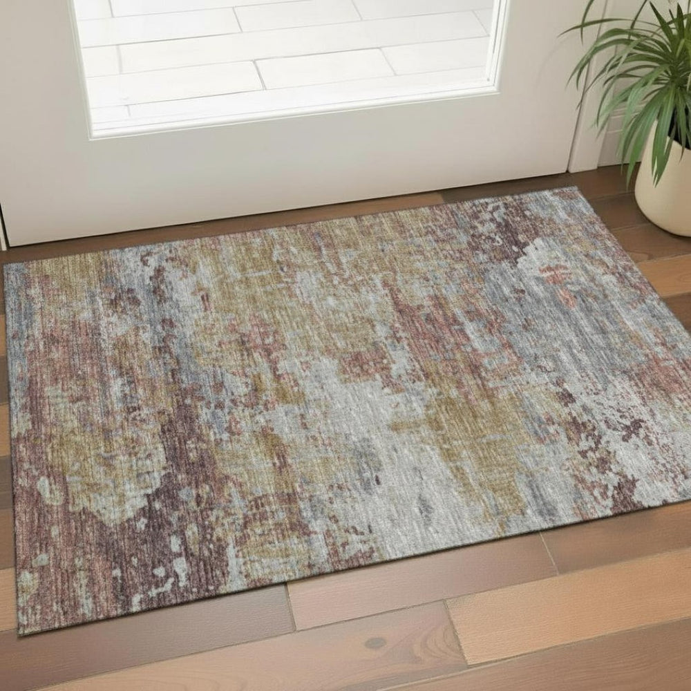 HomeRoots 5' Modern Abstract Beige, Taupe & Lavender Area Rug – Washable, UV Protected, Stain-Resistant Design! 710168