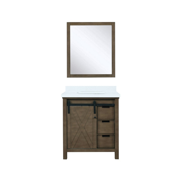 English Elm Rustic Brown Bath Vanity 30” W X 22” D With White Quartz Top & 28” Mirror - Farmhouse Style Upgrade! B2731S00714-GIGA