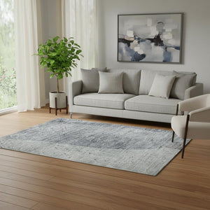 HomeRoots 8' Modern Denim Blue & Gray Abstract Washable Round Rug with UV Protection for High-Traffic Areas 710187
