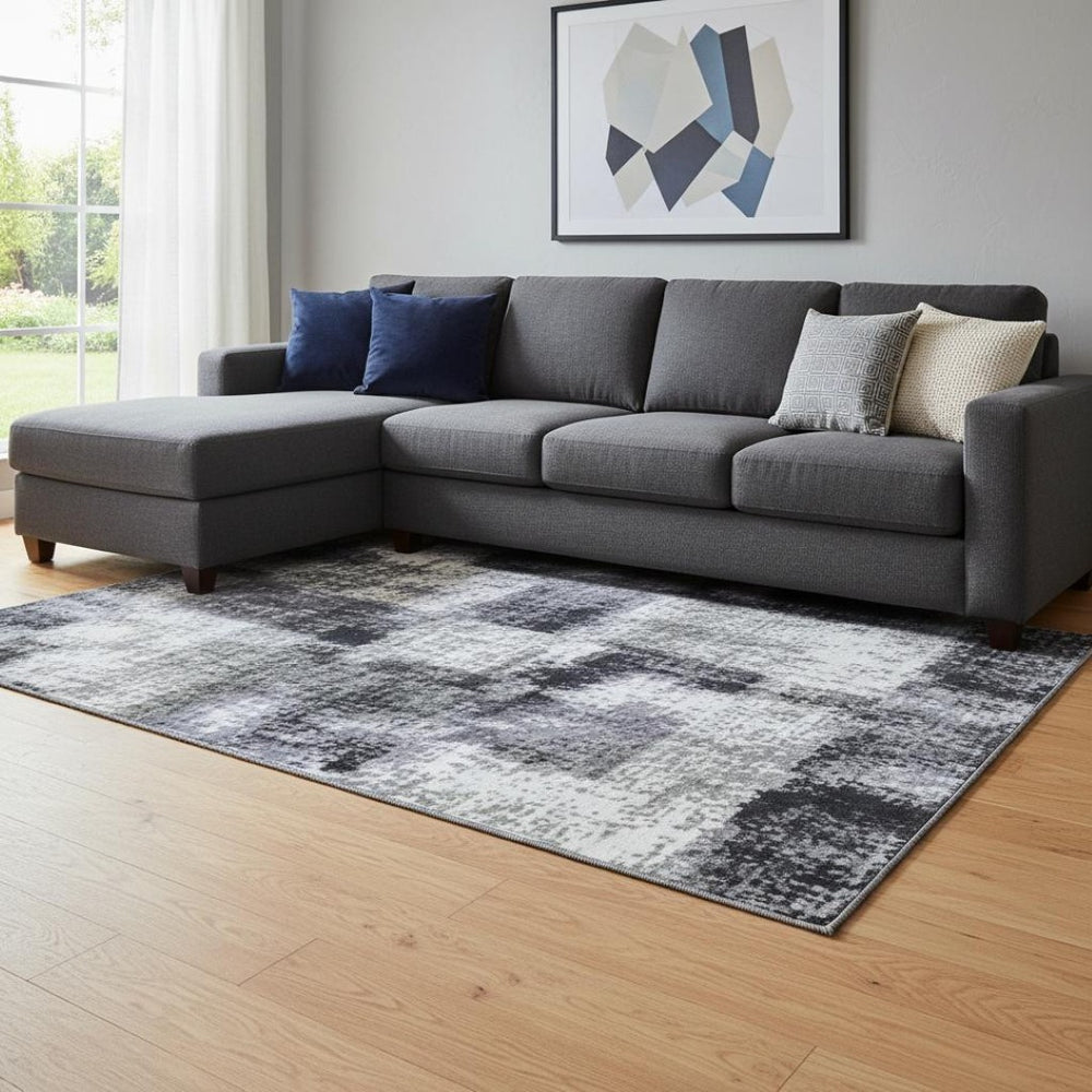 HomeRoots 9' X 12' Stylish Denim Blue & Gray Abstract Washable Area Rug with UV Protection for Families & Pets 710189