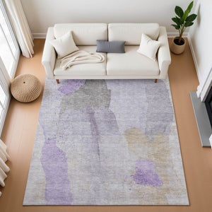 HomeRoots 10' Contemporary Lavender Gold and Gray Abstract Area Rug - Washable, UV-Protected, Durable Design 710196