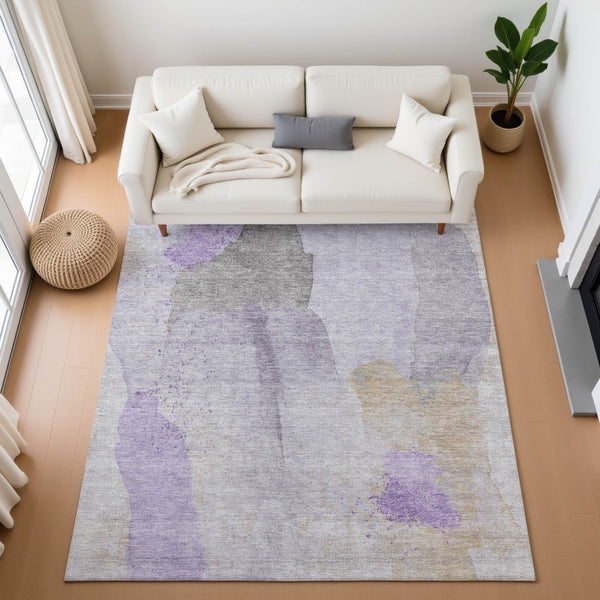 HomeRoots 10' Contemporary Lavender Gold and Gray Abstract Area Rug - Washable, UV-Protected, Durable Design 710196