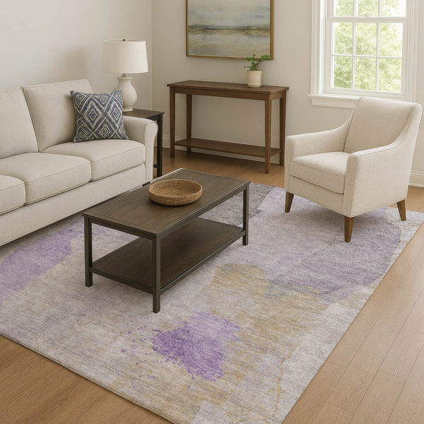 HomeRoots 10' Contemporary Lavender Gold and Gray Abstract Area Rug - Washable, UV-Protected, Durable Design 710196