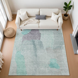HomeRoots 8' Vibrant Teal, Purple & Gray Abstract Washable Round Rug – Durable, Stain Resistant & UV Protected! 710199