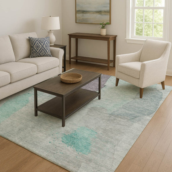 HomeRoots 8' Vibrant Teal, Purple & Gray Abstract Washable Round Rug – Durable, Stain Resistant & UV Protected! 710199