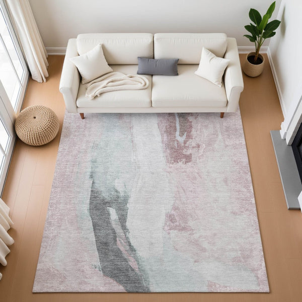 HomeRoots 8' Blush Gray and Ivory Abstract Washable Round Rug - Stylish, Durable, UV-Protected for Any Space! 710205