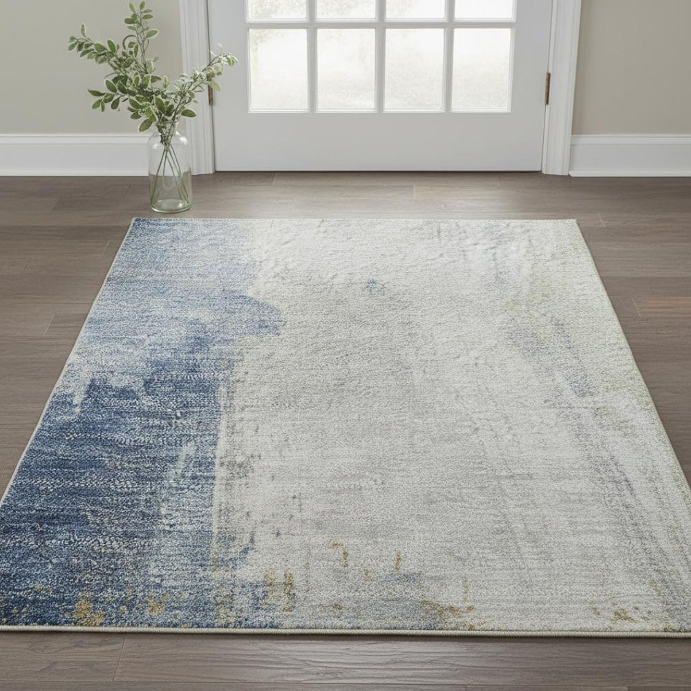 HomeRoots 5' X 8' Abstract Washable Area Rug in Denim Blue, Gray & Ivory - Stain Resistant with UV Protection 710210