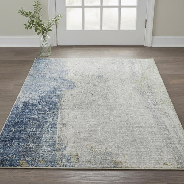 HomeRoots 5' X 8' Abstract Washable Area Rug in Denim Blue, Gray & Ivory - Stain Resistant with UV Protection 710210