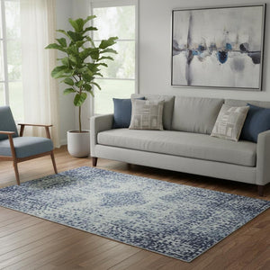 HomeRoots 8' Abstract Washable Round Rug in Denim Blue, Gray & Ivory – UV Protected, Stain Resistant & Soft 710211