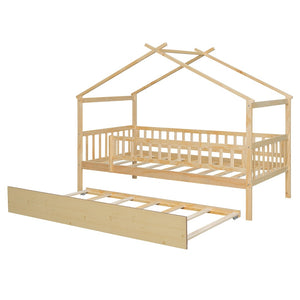 English Elm Twin House Bed with Trundle Solid Pine Frame Walnut Kids Bedroom Sleepover N708P357115N
