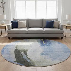 HomeRoots 8' X 10' Washable Denim Blue Gray Ivory Abstract Area Rug with UV Protection for Modern Spaces 710212