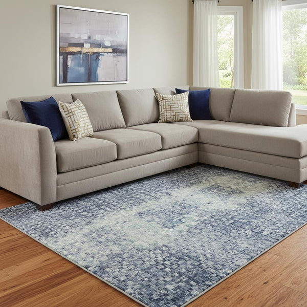 HomeRoots 9' X 12' Stylish Denim Blue Gray Ivory Abstract Area Rug - Washable, UV Protected & Stain Resistant 710213