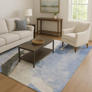 HomeRoots 9' X 12' Stylish Denim Blue Gray Ivory Abstract Area Rug - Washable, UV Protected & Stain Resistant 710213