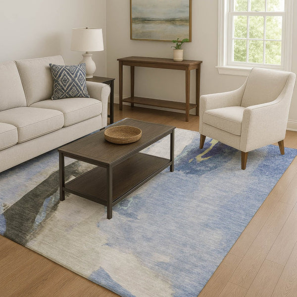 HomeRoots 9' X 12' Stylish Denim Blue Gray Ivory Abstract Area Rug - Washable, UV Protected & Stain Resistant 710213