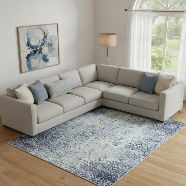 HomeRoots 10' Versatile Denim Blue Gray Ivory Abstract Washable Area Rug with UV Protection for Modern Homes 710214