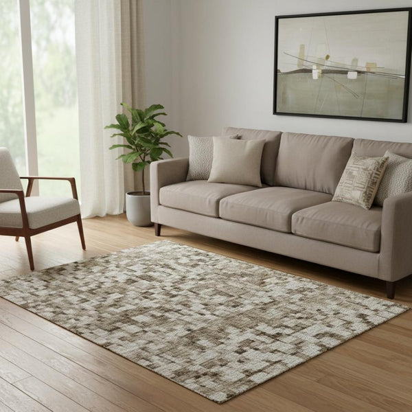 HomeRoots 8' Ivory Charcoal Beige Abstract Washable Round Rug - UV Protected, Non-Slip, Stylish & Durable! 710217