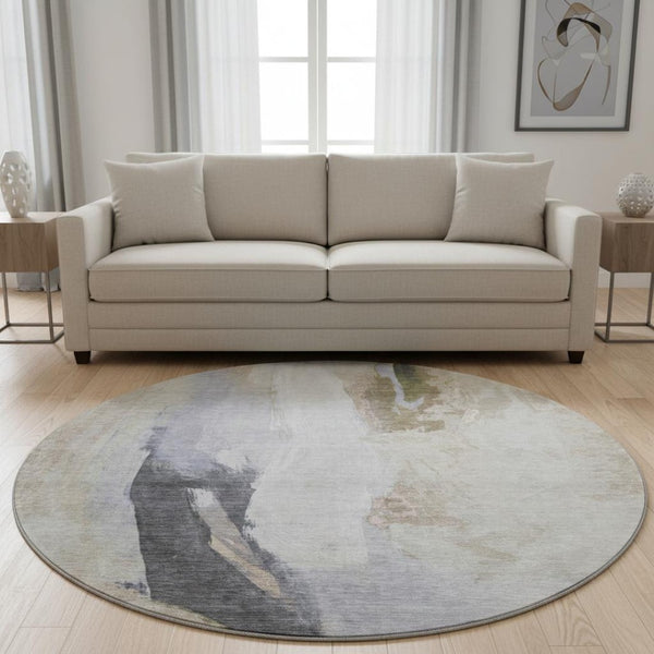HomeRoots 8' X 10' Ivory Charcoal Beige Abstract Washable Area Rug – Durable, UV-Protected & Easy Care Design 710218
