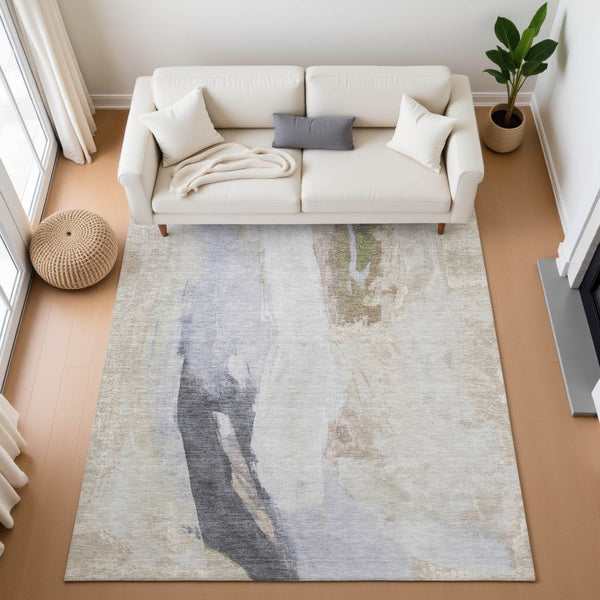 HomeRoots 9' X 12' Ivory Charcoal Beige Abstract Rug - Stylish, Washable, UV Protected, Perfect for Kids & Pets 710219