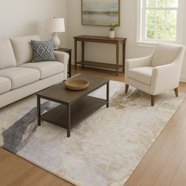 HomeRoots 9' X 12' Ivory Charcoal Beige Abstract Rug - Stylish, Washable, UV Protected, Perfect for Kids & Pets 710219
