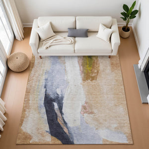 HomeRoots 9' X 12' Washable Beige Lavender Ivory Abstract Area Rug with UV Protection for Modern Spaces 710225
