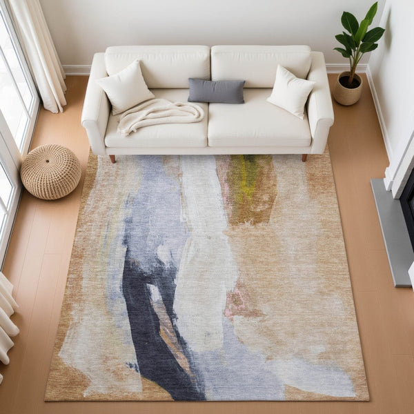 HomeRoots 9' X 12' Washable Beige Lavender Ivory Abstract Area Rug with UV Protection for Modern Spaces 710225