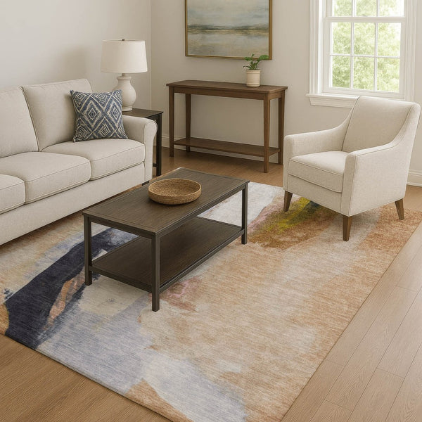 HomeRoots 9' X 12' Washable Beige Lavender Ivory Abstract Area Rug with UV Protection for Modern Spaces 710225