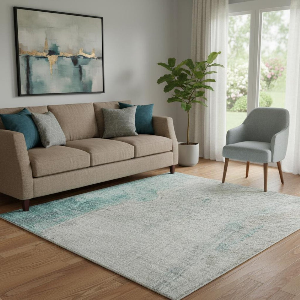 HomeRoots 8' Teal Khaki and Ivory Abstract Washable Round Rug - UV Protected, Stain-Resistant, Durable Design 710229