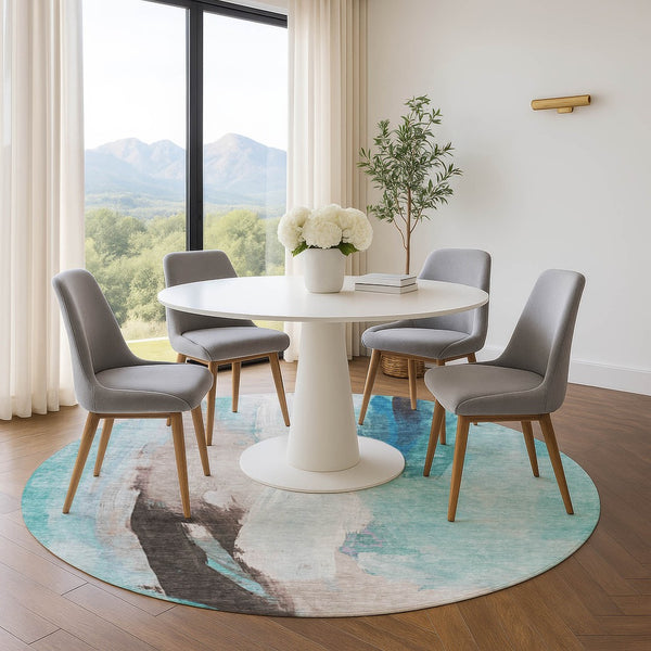HomeRoots 8' X 10' Abstract Washable Area Rug in Teal, Khaki & Ivory - UV Resistant, Pet-Friendly & Durable 710230
