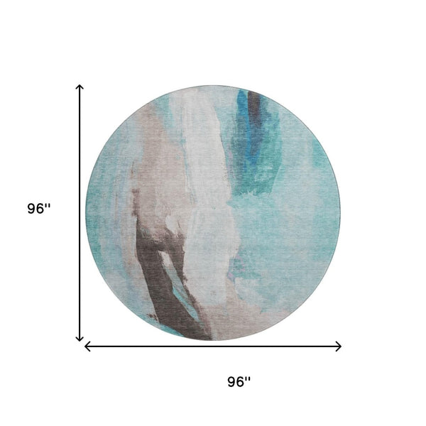 HomeRoots 8' X 10' Abstract Washable Area Rug in Teal, Khaki & Ivory - UV Resistant, Pet-Friendly & Durable 710230