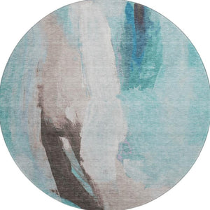 HomeRoots 8' X 10' Abstract Washable Area Rug in Teal, Khaki & Ivory - UV Resistant, Pet-Friendly & Durable 710230
