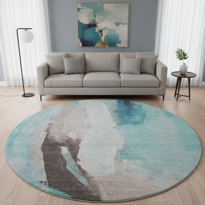 HomeRoots 8' X 10' Abstract Washable Area Rug in Teal, Khaki & Ivory - UV Resistant, Pet-Friendly & Durable 710230