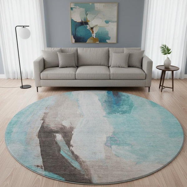 HomeRoots 8' X 10' Abstract Washable Area Rug in Teal, Khaki & Ivory - UV Resistant, Pet-Friendly & Durable 710230