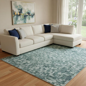 HomeRoots 9' X 12' Teal Khaki Ivory Abstract Area Rug - Stain Resistant, UV Protected & Perfect for High-Traffic Areas 710231