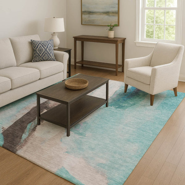 HomeRoots 9' X 12' Teal Khaki Ivory Abstract Area Rug - Stain Resistant, UV Protected & Perfect for High-Traffic Areas 710231
