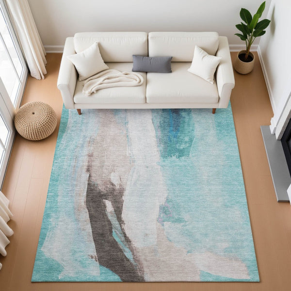 HomeRoots 10' Teal, Khaki & Ivory Abstract Washable Area Rug - UV Protected, Stain Resistant, Perfect for Homes! 710232